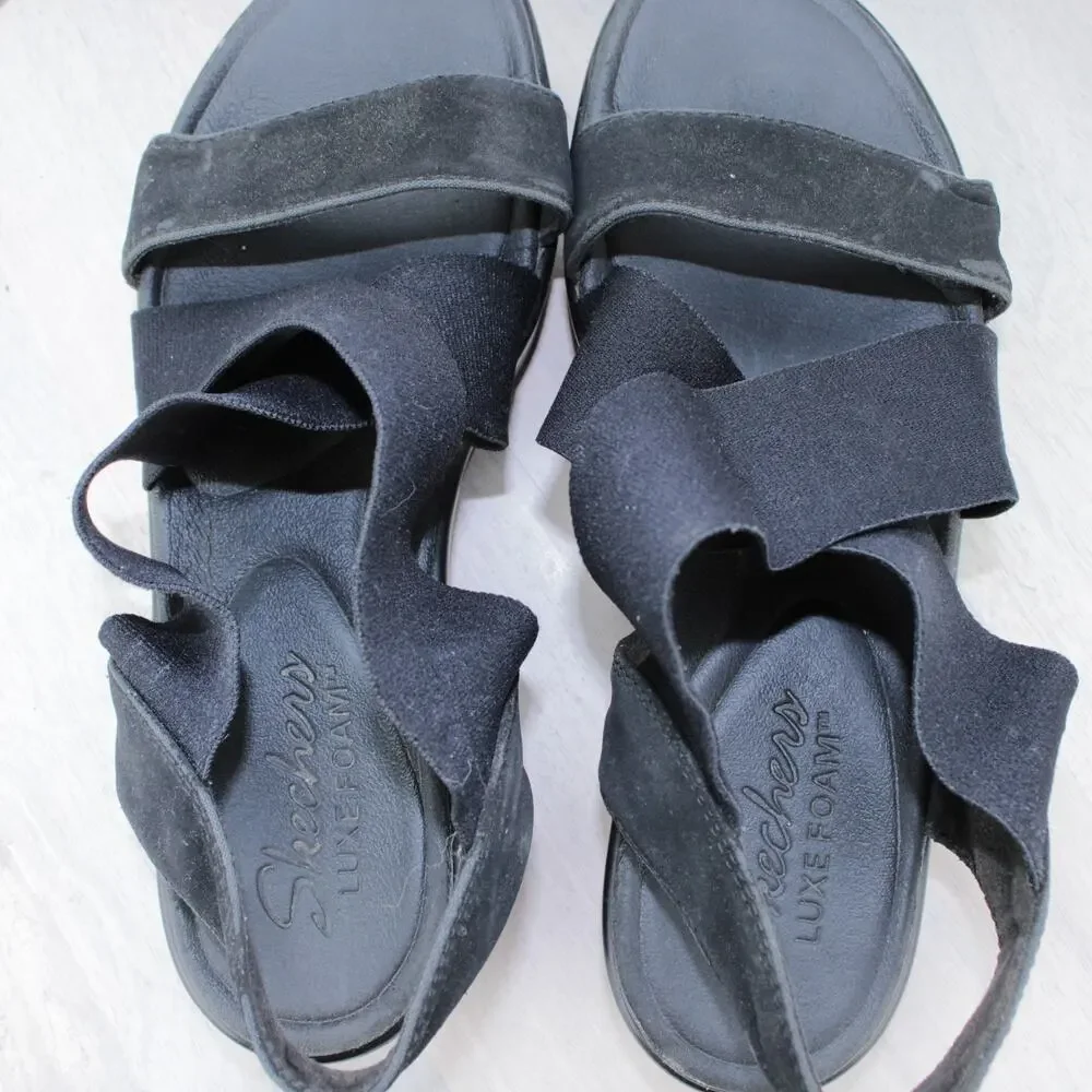 Skechers Luxe Foam Black Elastic Slingback Platform Sandals Womens 6.5